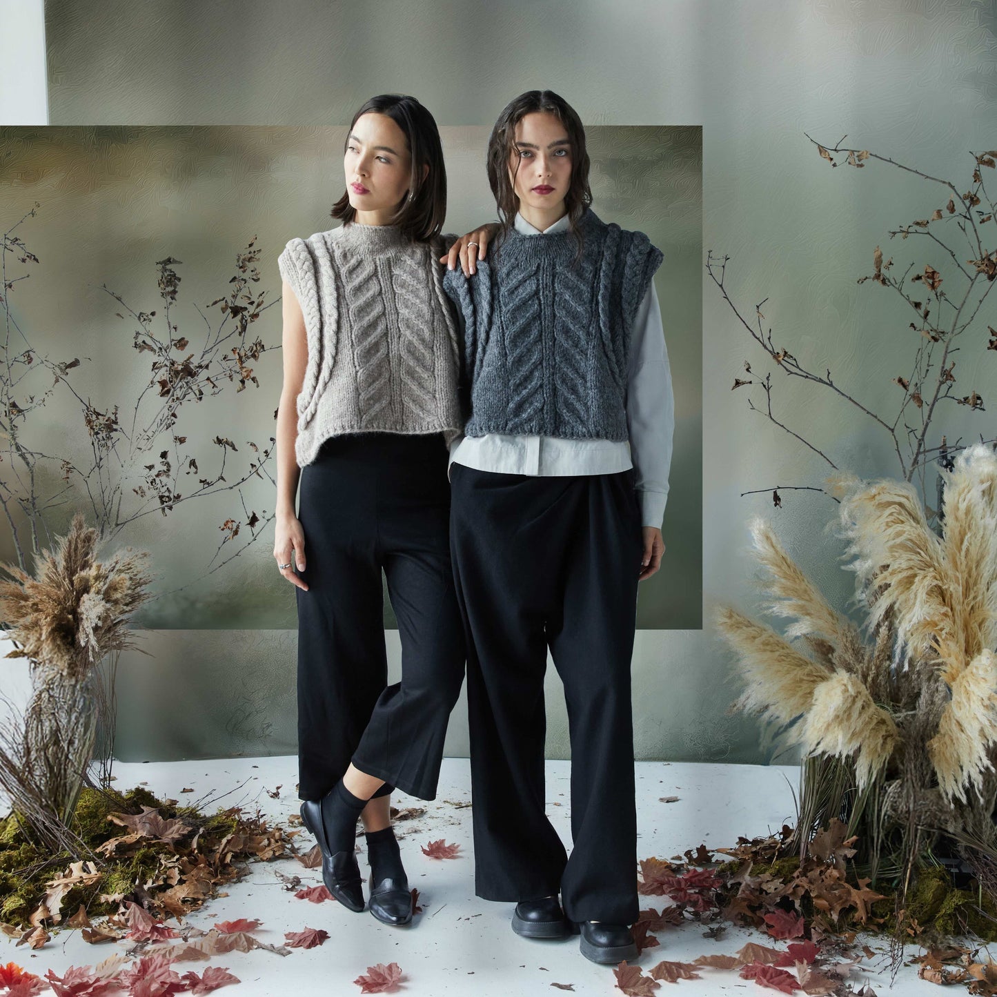 Forest fawn and charcoal gray sleeveless knits