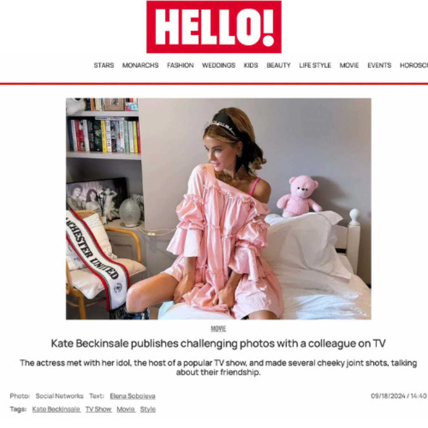 Kate Beckinsale in Nish Niche Pink Splash Dress from See Sea Collection in Hello Magazine