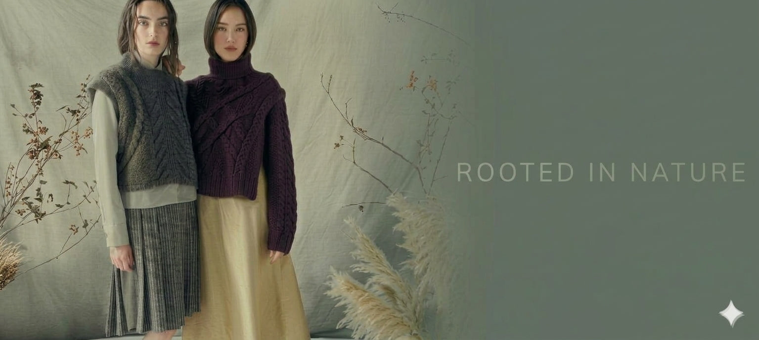 Rooted in Nature: two models wearing charcoal and plum cable-knit sweaters